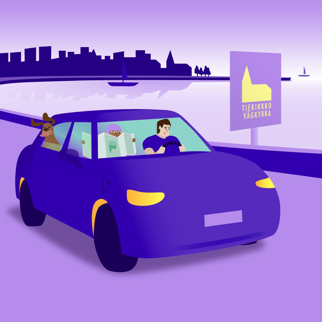 Auto joss aperhe. Tien varressa kyltii jossa lukee Tiekirkko.