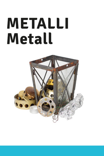 Metalliosoia vanhasta lyhdystä ja kynttilänkanisa. Teksti: Metalli, metall.