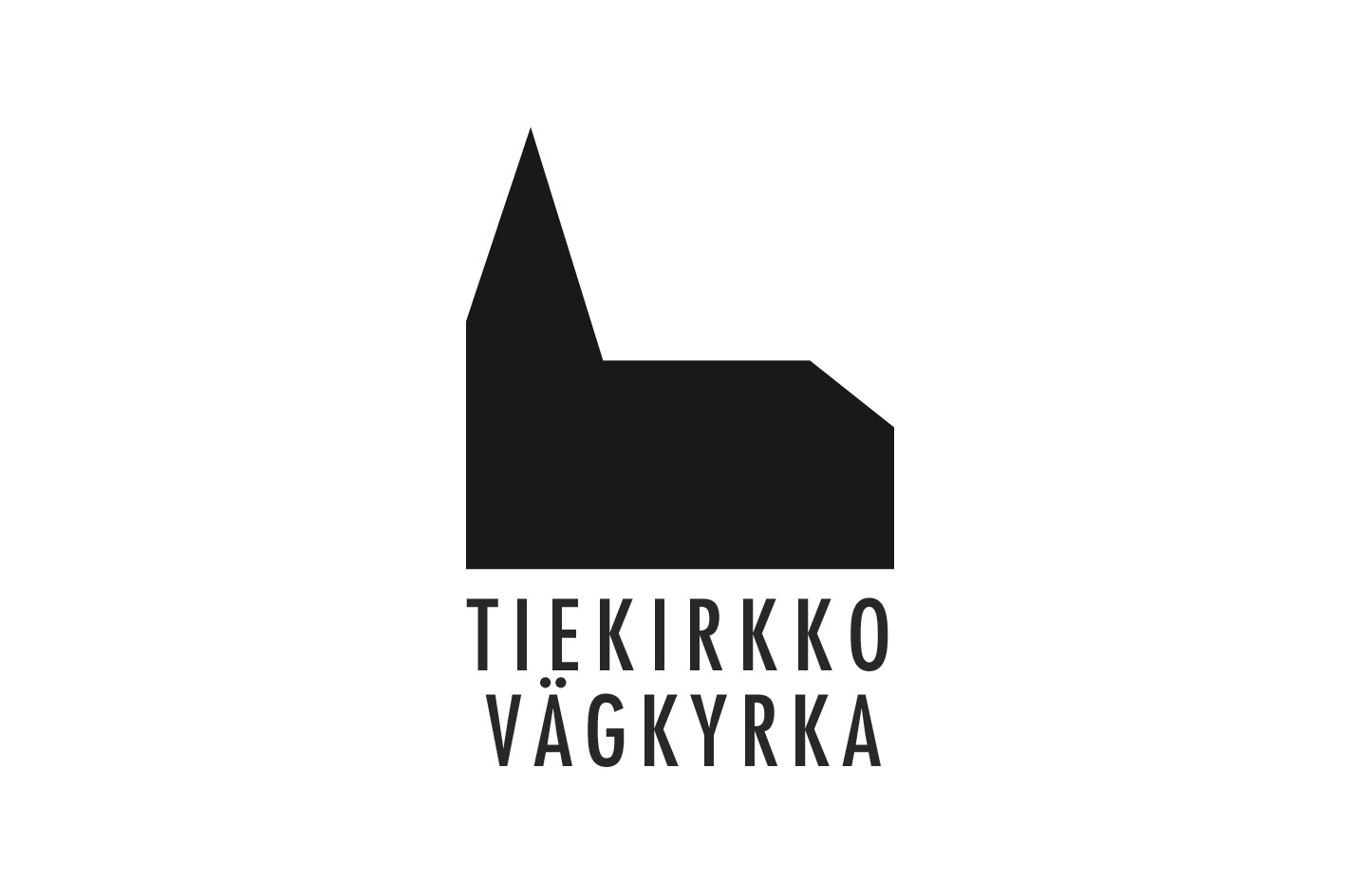 Grafiikka,jossa musta kirkko ja teksti Tiekirkko Vägkyrka.